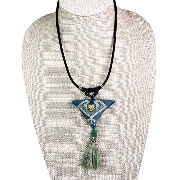 Boho Tribal Triangular Pillow Pendant Necklace with Tassel & Jade Bead - Picture 2 of 7